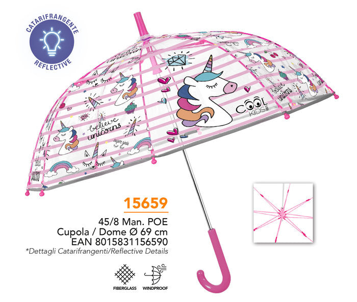 PARAGUAS INFANTIL 45/8 MAN, CUPULA POE TRANSP, UNICORNIO | PERLETTI | 1 UNIDAD | 8015831156590