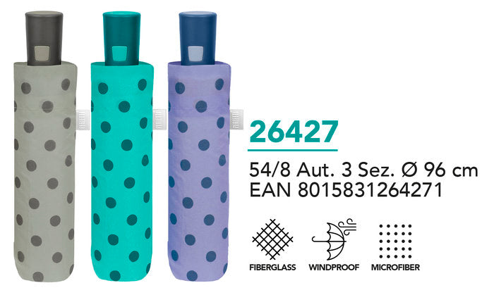 PARAGUAS MUJER MINI PLEGABLE 54/8 AUT, 3 SECT, PUNTOS | PERLETTI | 1 UNIDAD | 8015831264271
