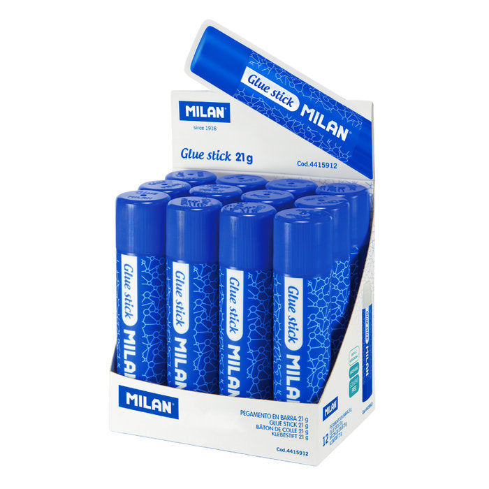 Pack 12 barras de pegamento azul 21 g MILAN para manualidades y colegio