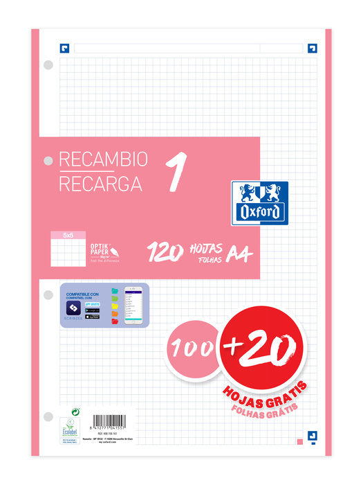 RECAMBIO A4 100+20 HOJAS 5X5 ROSA CHICLE 90GRS | 1 UNIDADES | (OXFORD)