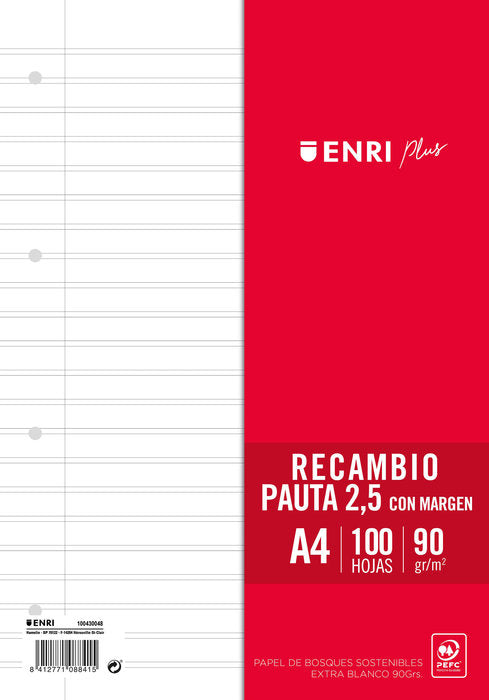 RECAMBIO FOLIO 100H PAUTA 2,5MM 4 TALADROS ENRI | 1 UNIDADES | (ENRI 2000, S,A,)
