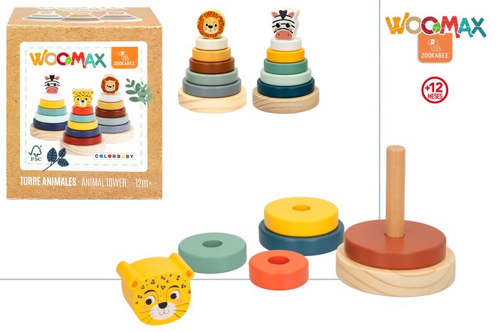TORRE MADERA ANIMALES WOOMAX ZOOKABEE 3 SURTIDO | COLORBABY WOOMAX | 1 UNIDAD | 8412842475830