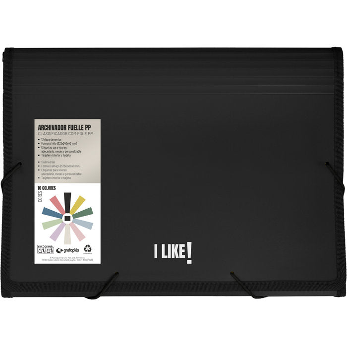 CARPETA ARCHIVADOR FUELLE GOMAS PP 13 SEPARADORES LIKE3 NEG | 1 UNIDADES | (GRAFOPLAS)