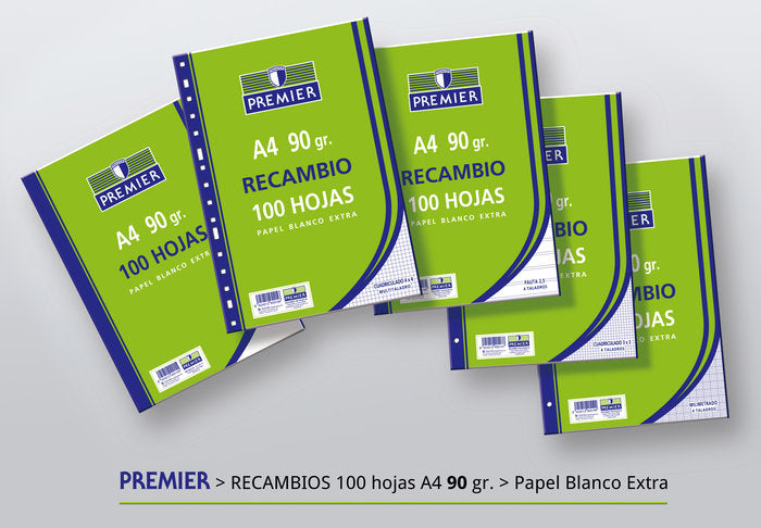 RECAMBIO A4 100H 90GR 4 TALADROS CUADRO 4MM PREMIER | 40 UNIDADES | (MANIPULADOS ZORRILLA)