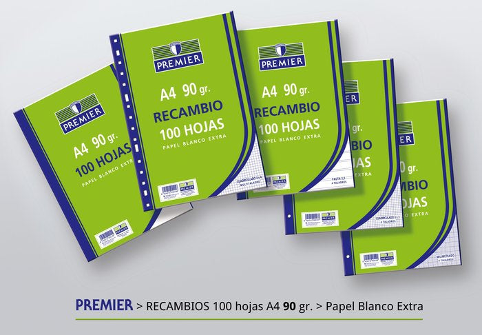 RECAMBIO PREMIER CUADRO 4X4 A4 100H PAPEL 90GR MULTITALADRO | 1 UNIDADES | (MANIPULADOS ZORRILLA)