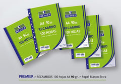 RECAMBIO PREMIER CUADRO 4X4 A4 100H PAPEL 90GR MULTITALADRO | 1 UNIDADES | (MANIPULADOS ZORRILLA)