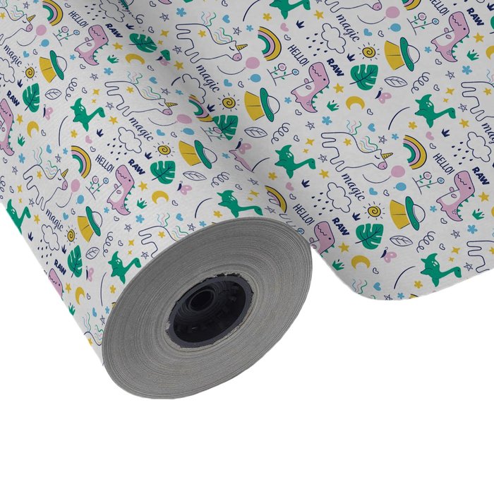 PAPEL REGALO BOBINA 62CM 4K INFANTIL DINOSARIOS Y UNICORNIO | WONDER WRAPPER | 1 UNIDAD | 8429640022746