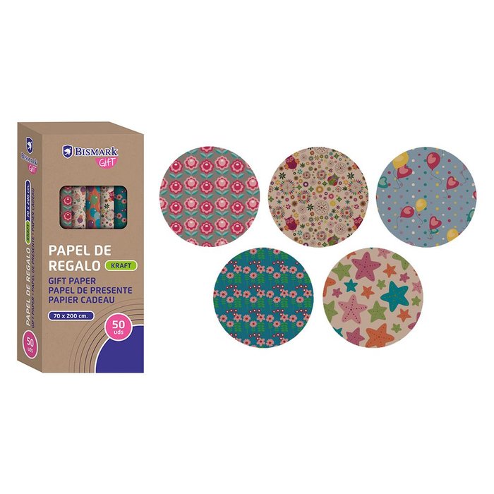 EXPOSITOR 50 ROLLO PAPEL DE REGALO KRAFT FLORES 70X200 | POESSA BISMARK GIFT | ENVASE 50 UDS. UNIDAD | 18430173318241
