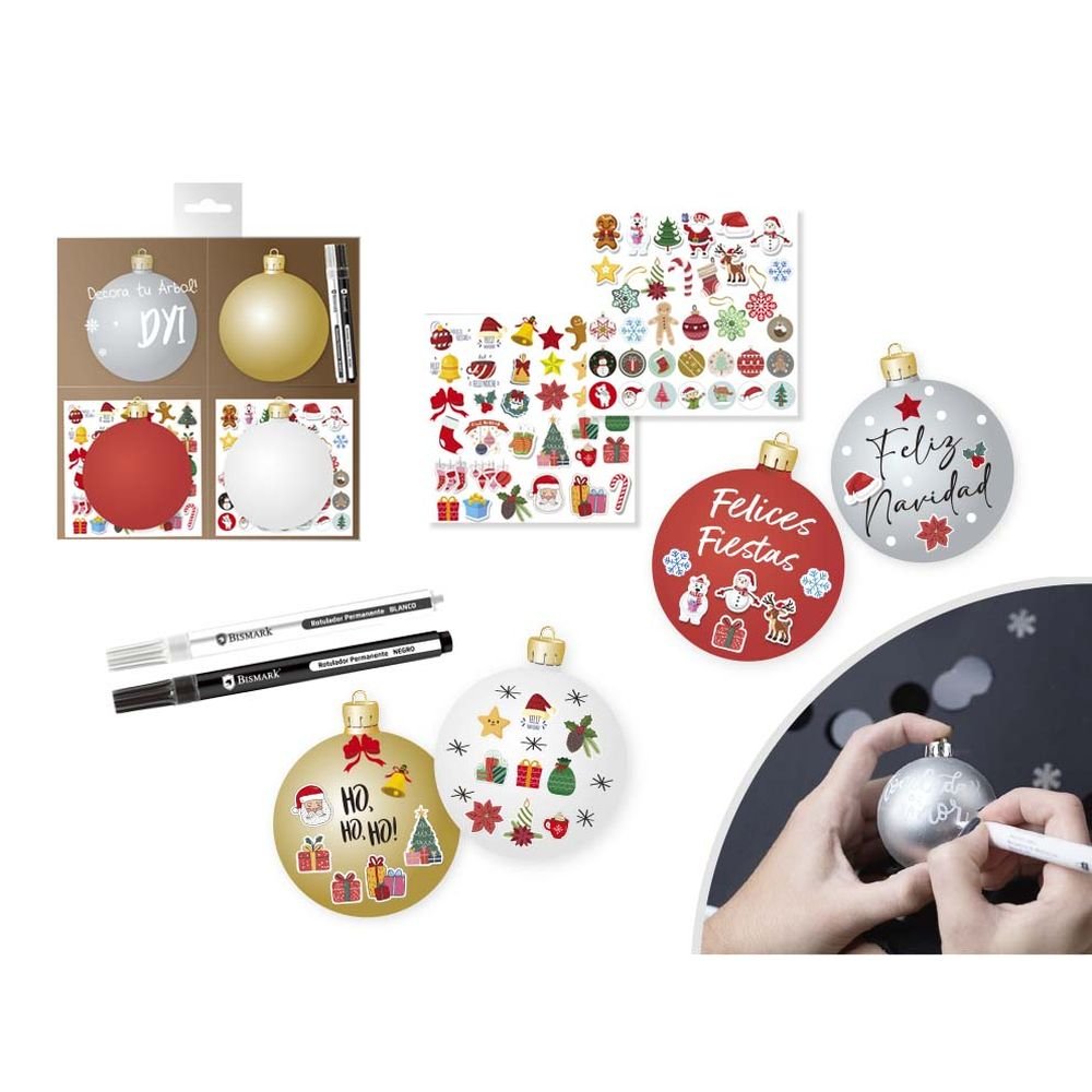 SET 4 BOLAS NAVIDAD + 2 ROTULADORES Y PEGATINAS | BISMARK NAVIDAD | 1 UNIDAD | 8430173336613
