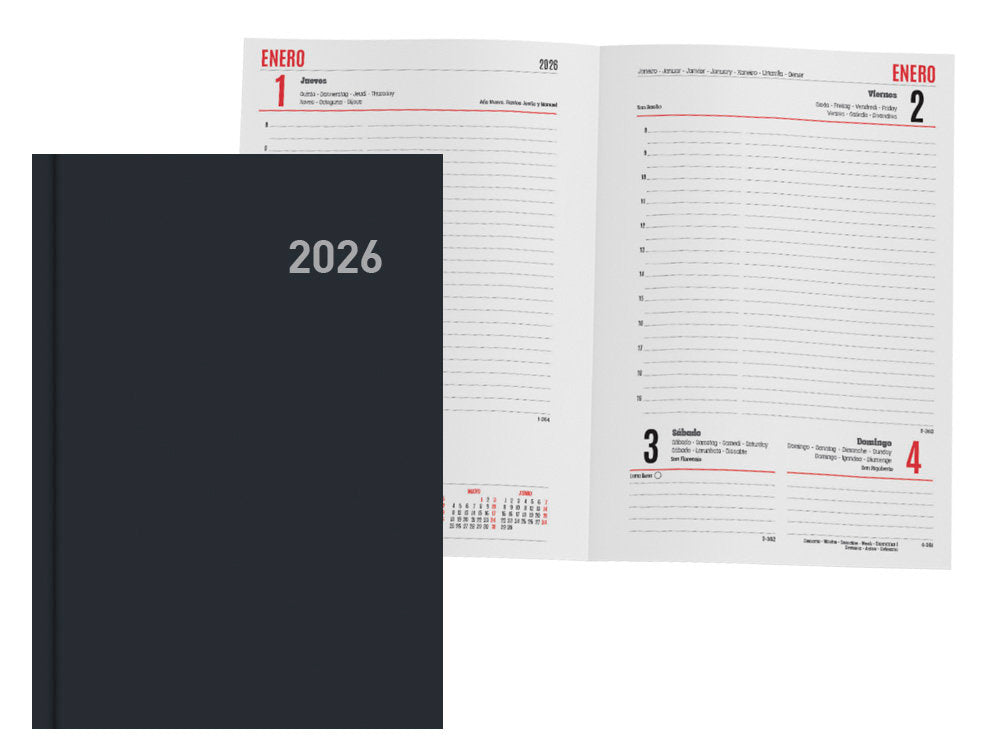 AGENDA ANUAL 2026 PARIS DIA PAGINA 15X21 NEGRA | INGRAF AGENDAS
