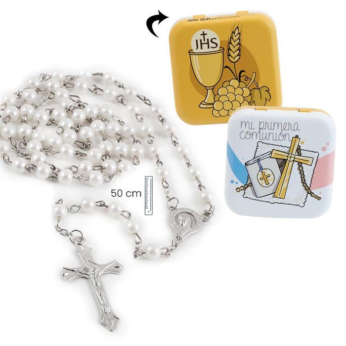 ROSARIO PERLA BLANCA EN LATA PRIMERA COMUNION | PAPELERIA JAVIER | ENVASE 6 UDS. UNIDAD | 8435266029076