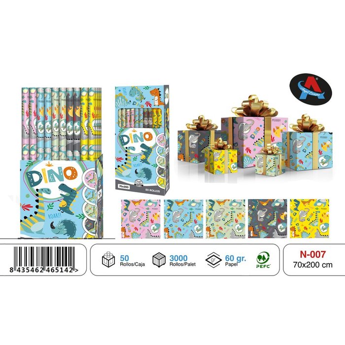 PAPEL REGALO ROLLO 70X200 DINOSAURIOS | ANGEL EUROPA | ENVASE 50 UDS. UNIDAD | 8435462465142