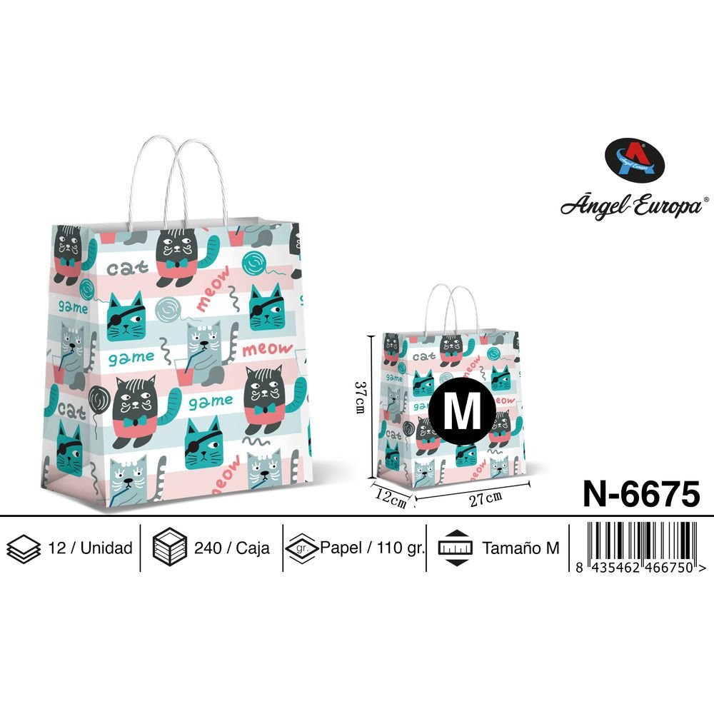 BOLSA PAPEL REGALO GATOS 27X12X37 FONDO CLARO | ANGEL EUROPA | 1 UNIDAD | 8435462466750