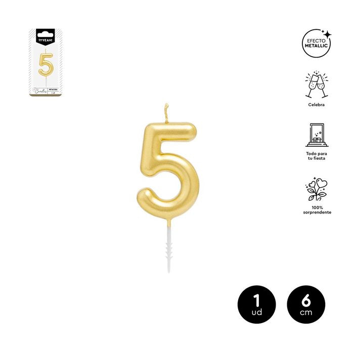 VELA CERA NUMERO 5 ORO 6 CM | AMBER MOOD OH YEAH | 1 UNIDAD | 28435557729702