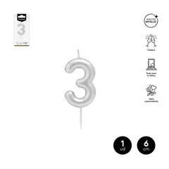 VELA CERA NUMERO 3 PLATA 6 CM | AMBER MOOD OH YEAH | 1 UNIDAD | 28435557729788