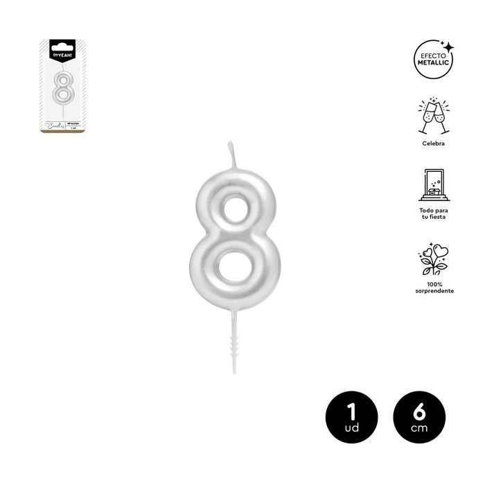 VELA CERA NUMERO 8 PLATA 6 CM | AMBER MOOD OH YEAH | 1 UNIDAD | 28435557729832