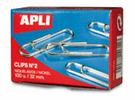 ✅ CLIPS NIQUELADOS Nº 2 32 MM 100 UNIDADES X 10 CAJITAS MARCA APLI