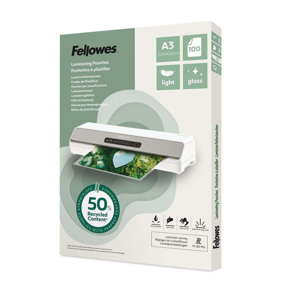 Funda plastificar Fellowes A3 80 micras 50% reciclado brillante