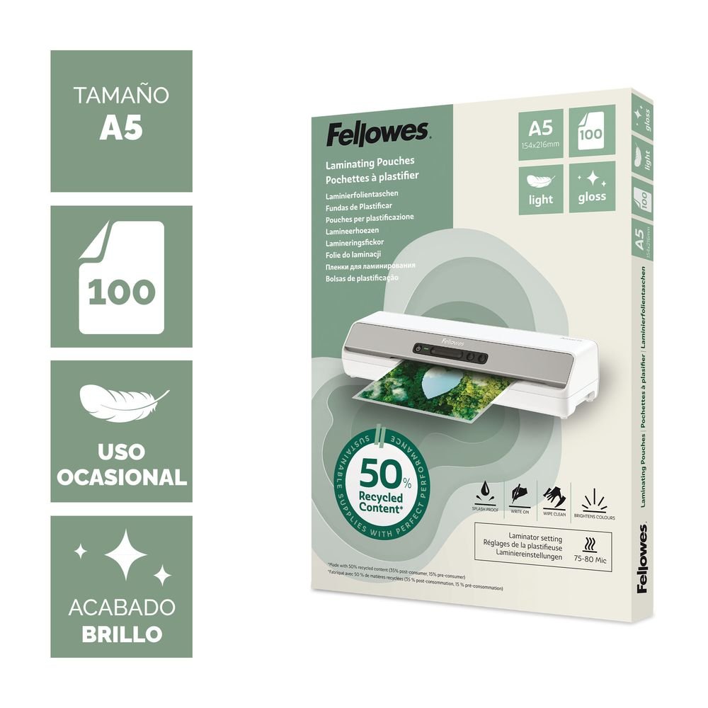Fundas de plastificar A5 80 micras Fellowes 100 ud Imagen principal del producto