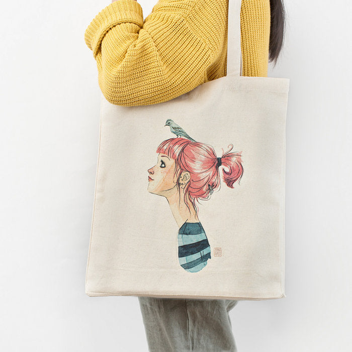 BOLSA DE TELA ESTHER GILI PAJAROS EN LA CABEZA ALGODON 100% | CUQUILAND