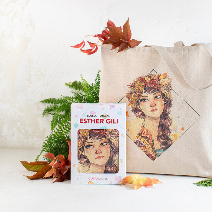 BOLSA DE TELA ESTHER GILI FLORES EN LA CABEZA ALGODON 100% | CUQUILAND Imagen principal del producto