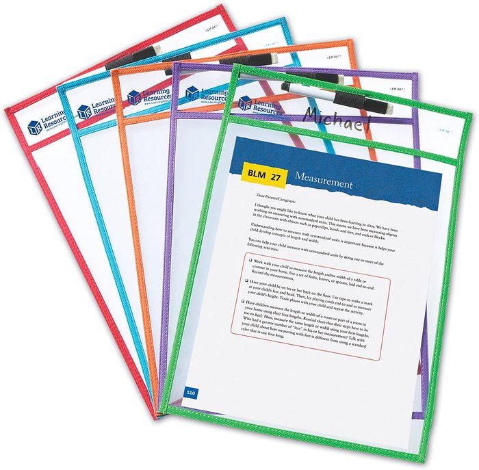 JUEGO 5 FUNDAS TRANSPARENTES PARA ESCRIBIR Y BORRAR | LEARNING RESOURCES | 1 UNIDAD | 765023804775