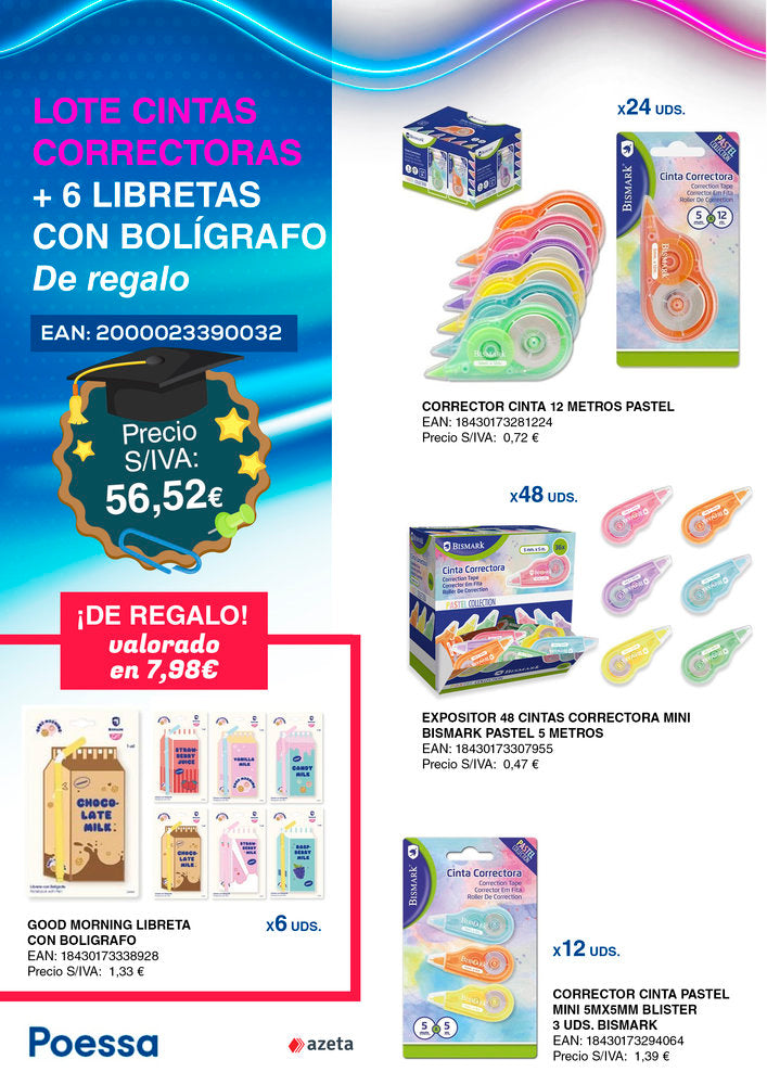 Lote Cintas Correctoras y Libretas con Bolígrafo Gratis POESSA BISMARK Básico