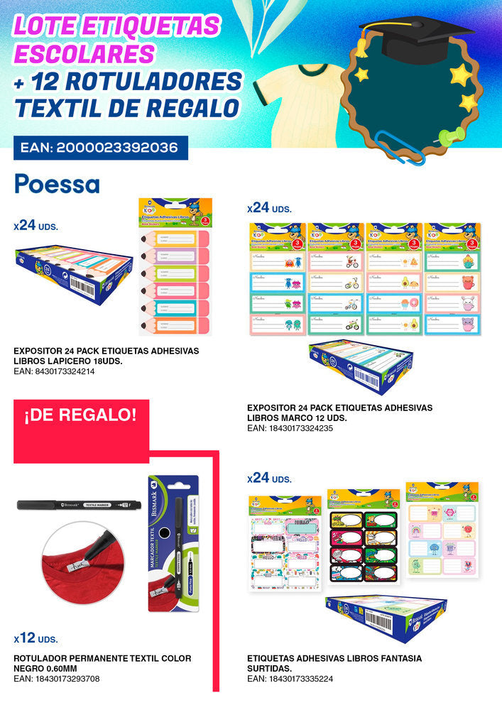 Lote Etiquetas Escolares con 12 Rotuladores Textil Gratis - Poessa Bismarck Básico Imagen principal del producto