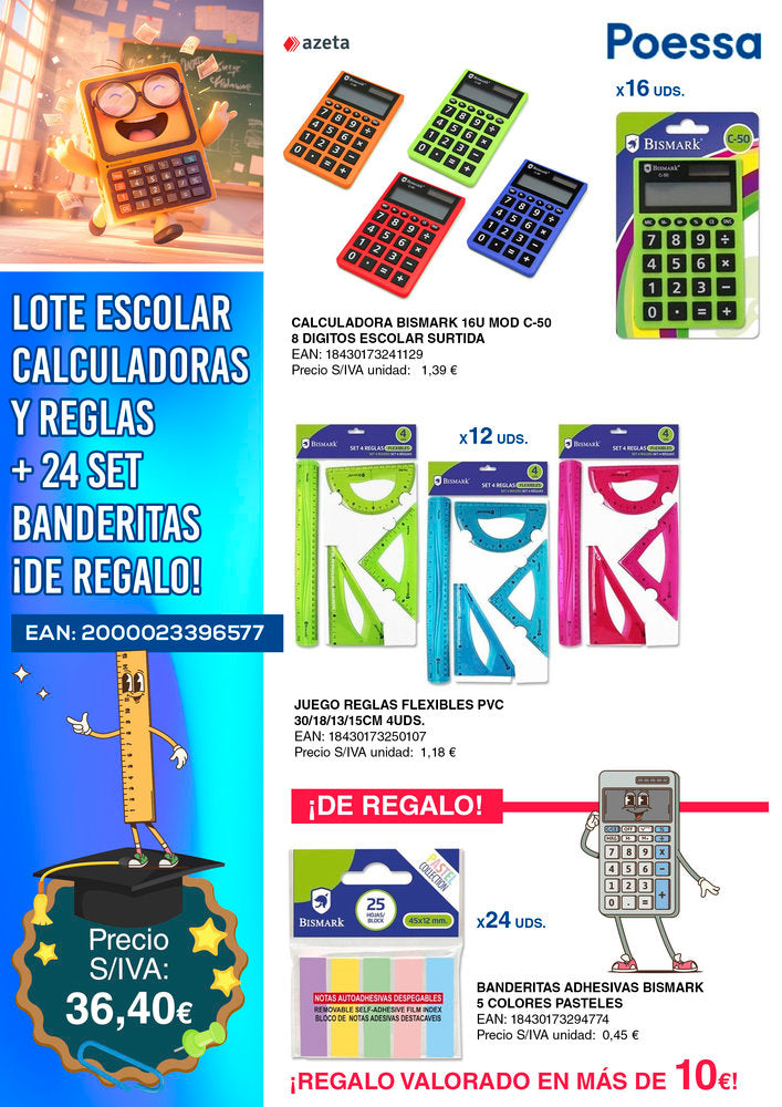 Lote escolar calculadoras reglas y set de banderitas gratis POESSA BISMARK Básico Imagen principal del producto