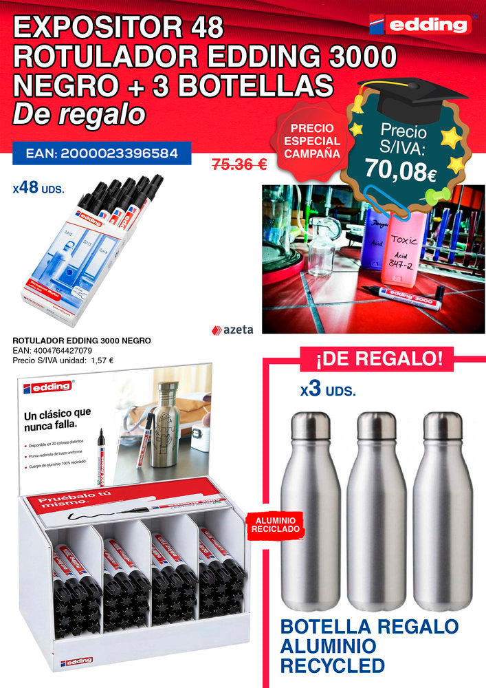 Expositor 48 Marcadores Edding 3000 Negro y 3 Botellas de tinta
