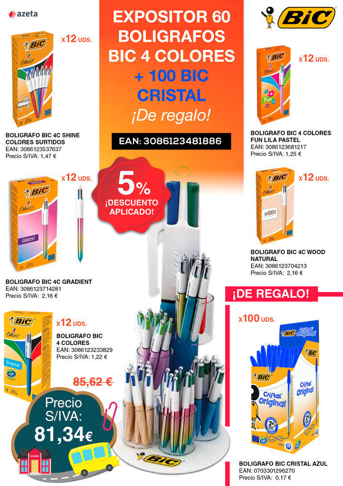 Expositor 60 bolígrafos Bic 4 colores + 100 Bic Cristal marca BIC