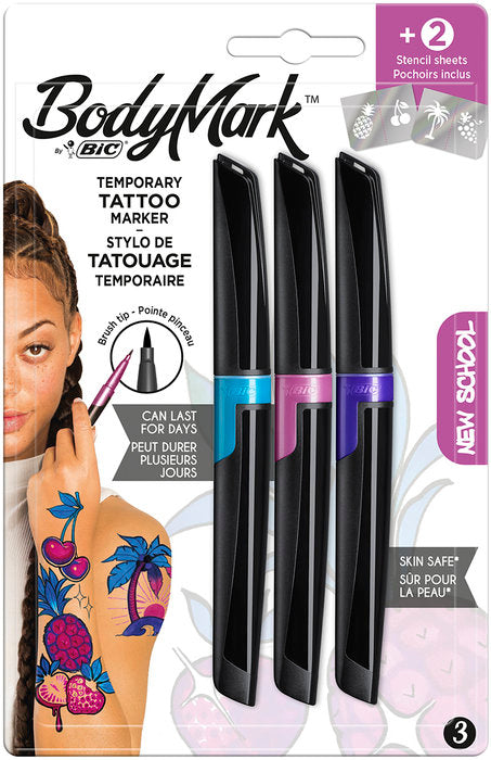 Blister 3 marcadores bodymark New school + 2 plantillas para tatuajes