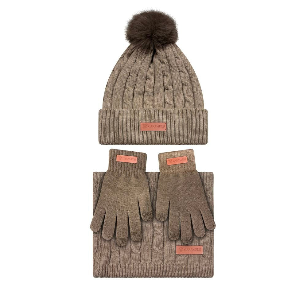 CONJUNTO CUELLO GORRO Y GUANTES MUJER CARAMELO CAMEL | CARAMELO TRAVEL FANTASY | 1 UNIDAD | 3103202502093