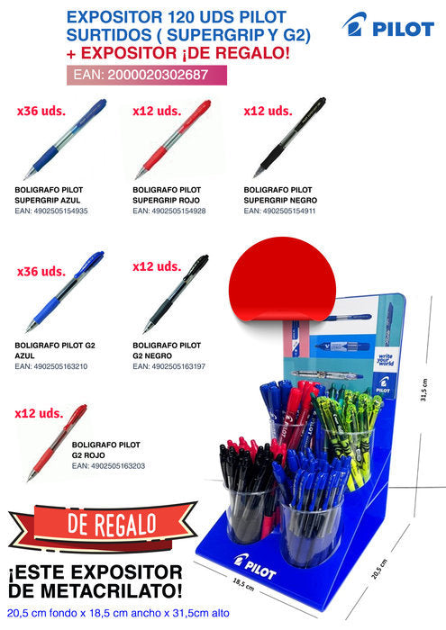 Expositor 120 Bolígrafos Pilot Surtidos Supergrip y G2 Imagen principal del producto