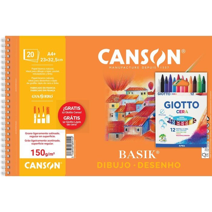 Bloc Papel Basik A4+ 150 g 20H y Ceras Giotto 12 Colores Fila