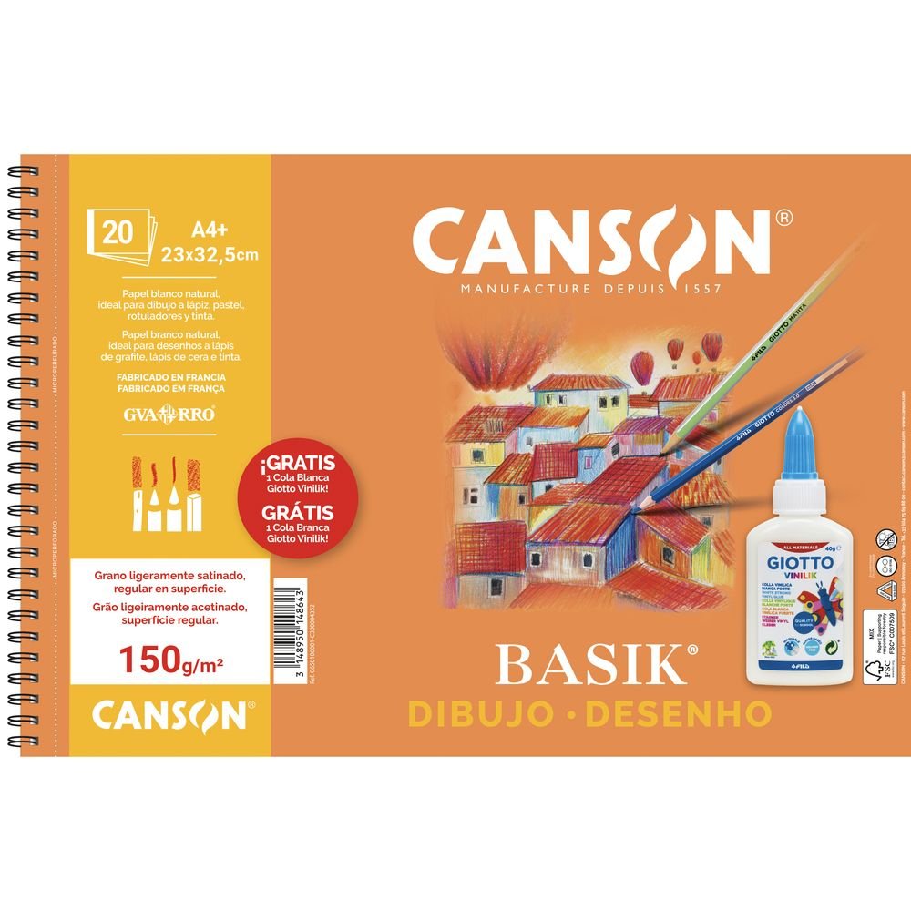 Bloc Dibujo Basik A4+ 20H 150 g. Liso y Cola Giotto Regalo Canson Guarro