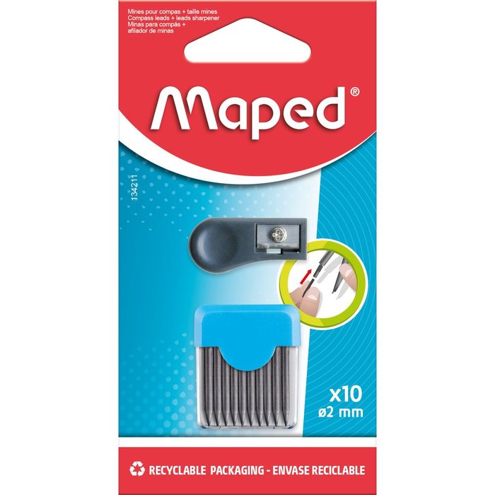 BLISTER CON 10 MINAS DE RECAMBIO COMPAS 2 MM + SACAPUNTAS Imagen principal del producto