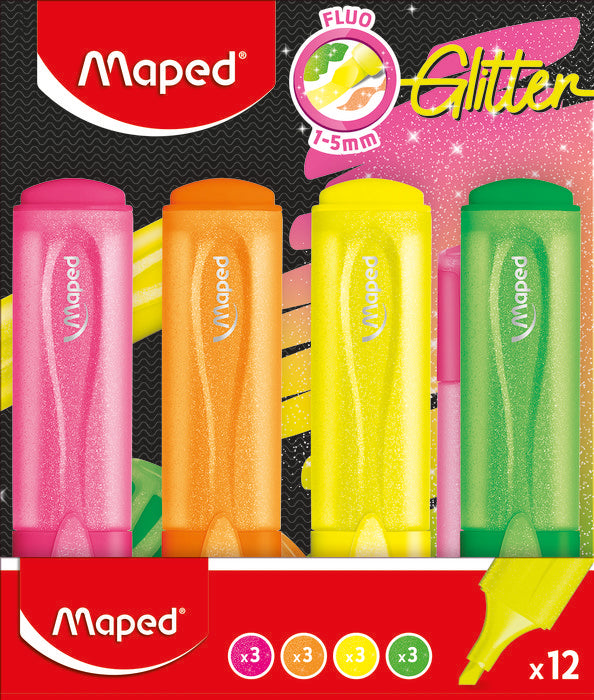 Expositor 12 Marcadores Maped Fluo Glitter Surtidos