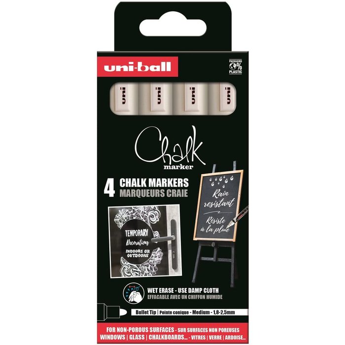 Marcador Uni Chalk Tiza Liquida Pwe-5M Blister 4 Uds Blanco | Uni-Ball | Pack 1 Unidades Imagen principal del producto