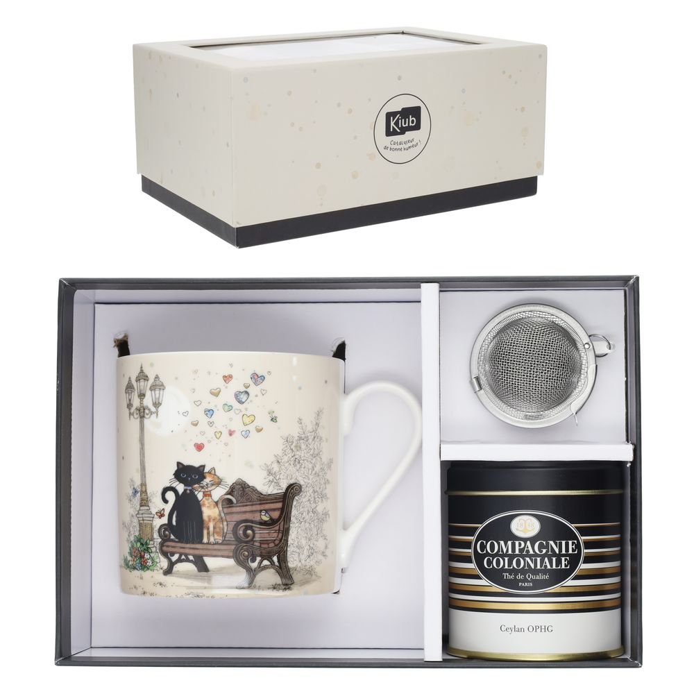Juego Taza Gato Love 425ml con Infusor y Lata Te Regalo KIUB