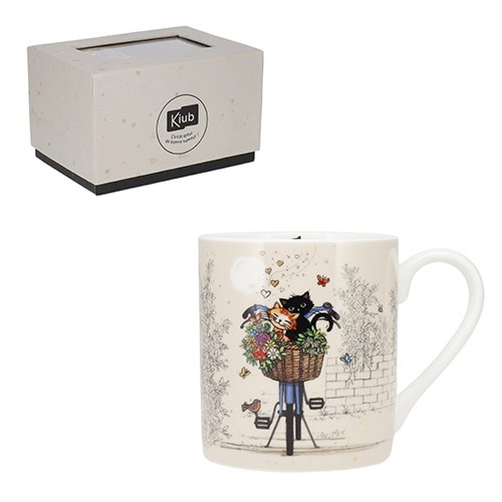 Taza Porcelana Gatos Bicicleta 280 ml KIUB con Caja Regalo