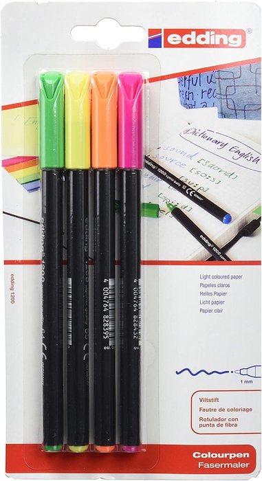 Blister de 4 rotuladores fibra Edding 1200 Colourpen surtidos fluorescentes