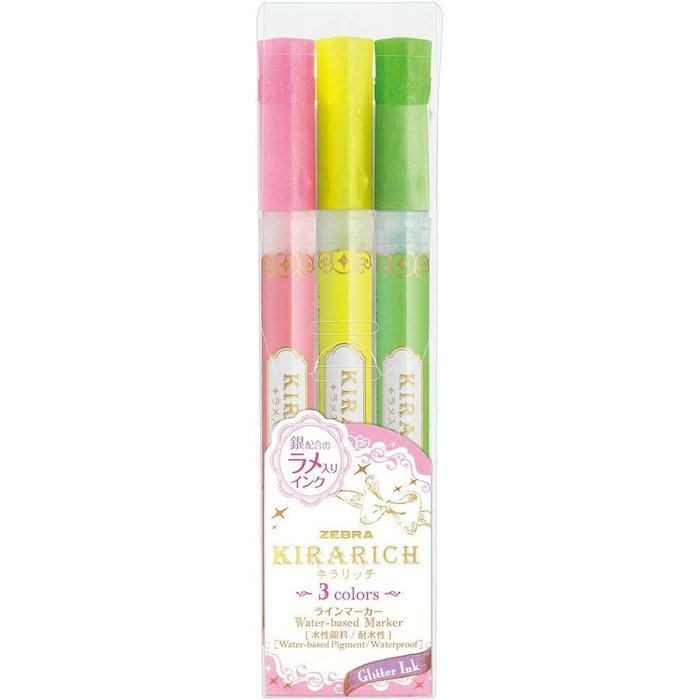 Rotulador Zebra Kirarich Glitter 3 Colores Surtidos | Zebra Pen | Pack 1 Unidades
