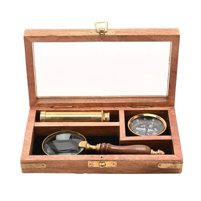 Set lupa, brújula y telescopio en caja de madera WIDDOP Imagen principal del producto