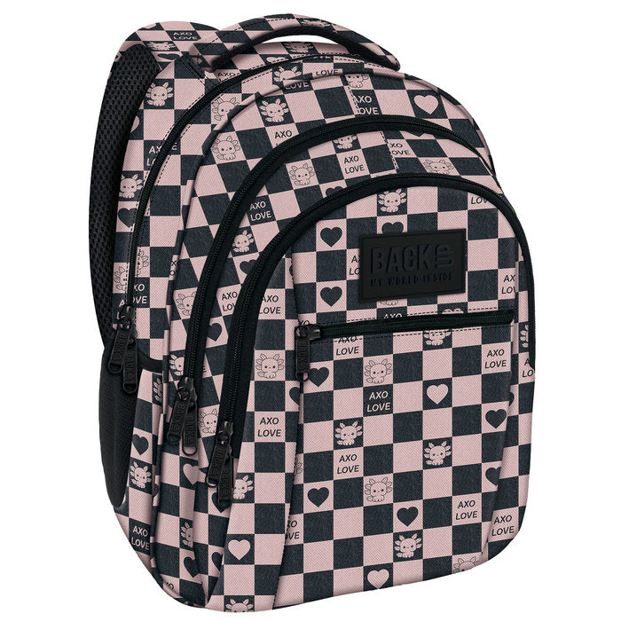 MOCHILA TRIPLE ESCOLAR BACK UP CUADROS CORAZONES AXALOTE | DERFORM Imagen principal del producto
