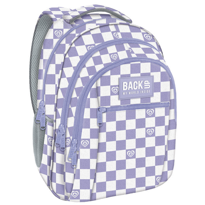 MOCHILA TRIPLE ESCOLAR BACK UP CUADROS LILA CORAZONES | DERFORM Imagen principal del producto