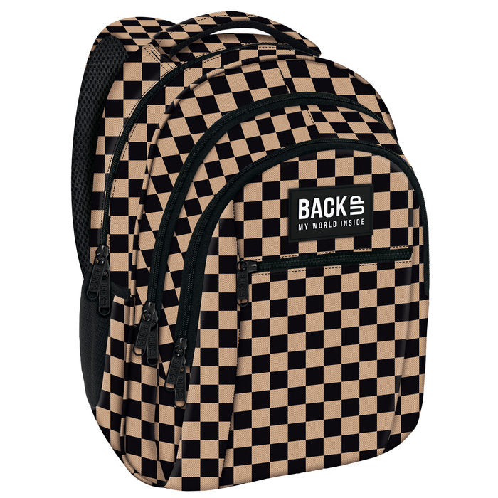 Mochila Triple Escolar Back Up Cuadros Marrón y Negro Marca Derform