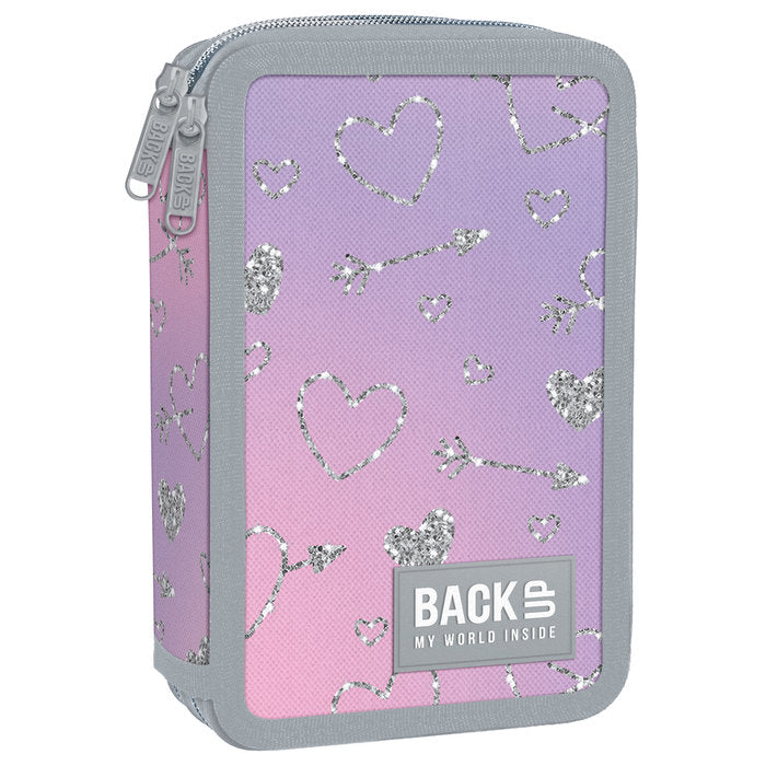 PLUMIER DOBLE CON RELLENO CORAZONES Y FLECHAS PLATEADOS | DERFORM Imagen principal del producto