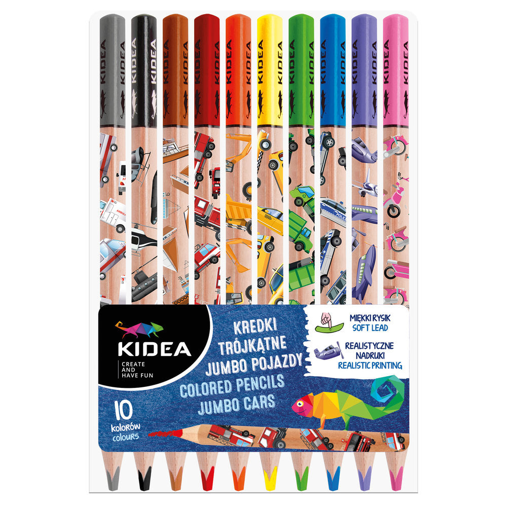 Set 10 Lapices Color Jumbo Triangulares Estampado Vehículos Kidea