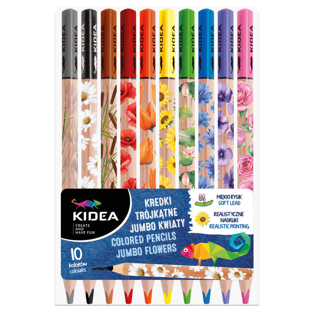 Set 10 Lápices Colores Jumbo Triangulares Estampado Flores Kidea